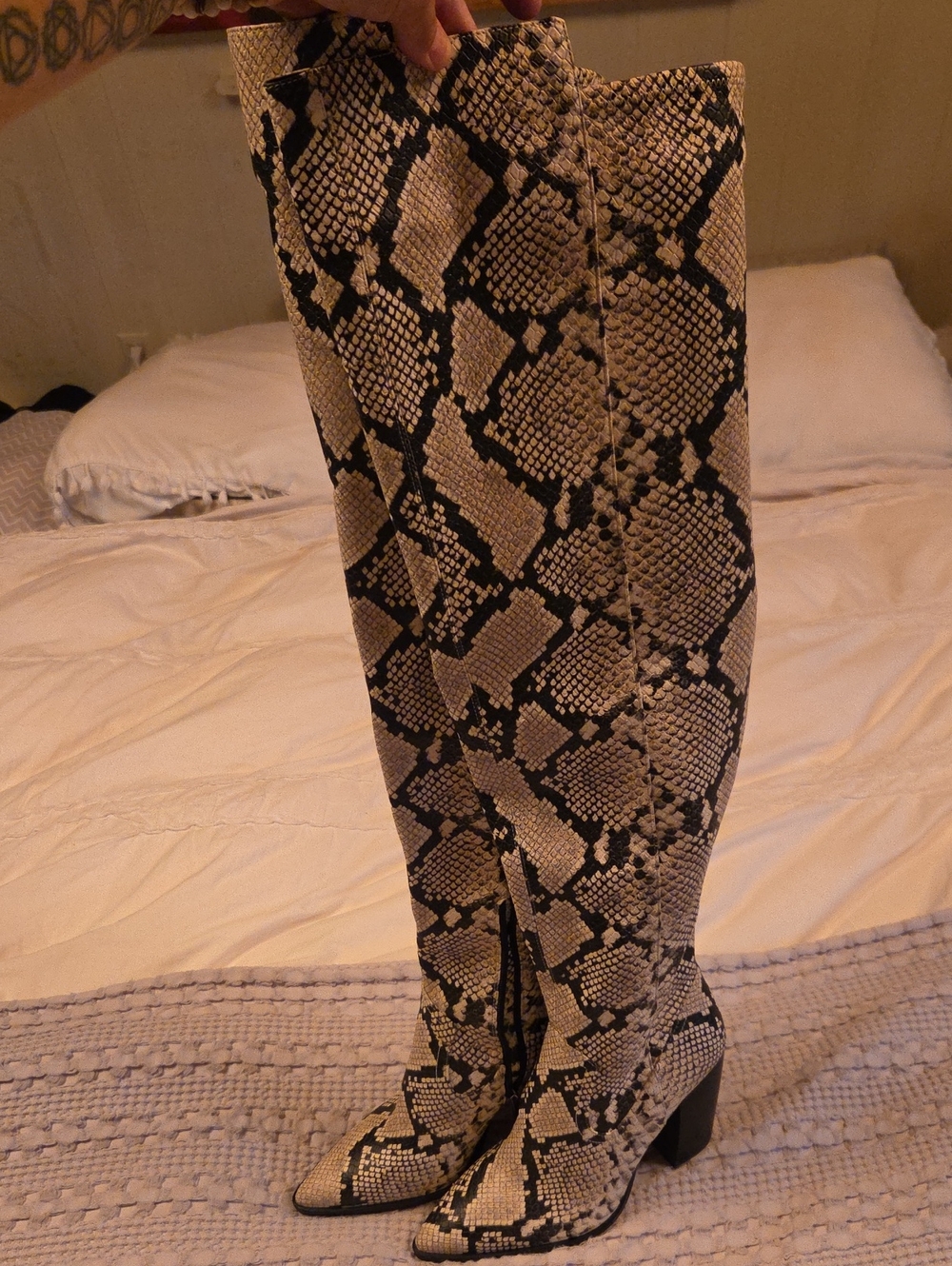 Vince Camuto Snake-Print Over-The-Knee Boots - Beige & Black
